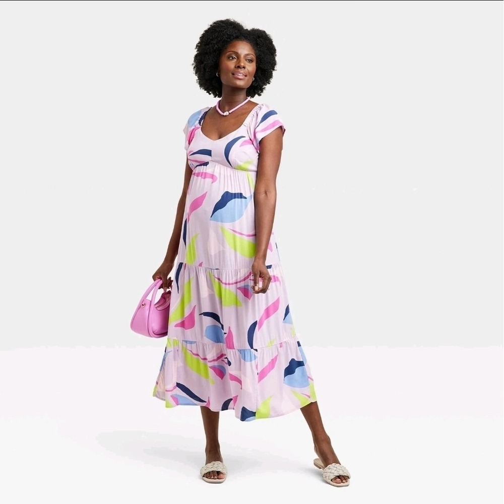 Ingrid & Isabel Flutter Short Sleeve Midi Maternity Empire Waist Dress Size M